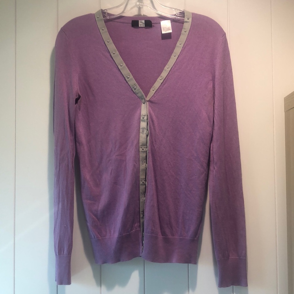 Saks Fifth Avenue silk and cashmere v neck cardigan lace purple with gray M